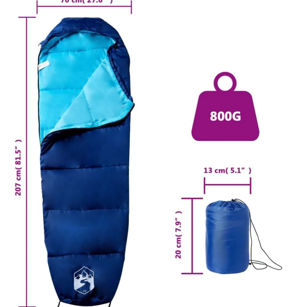 vidaXL Saco de dormir tipo momia de camping para adultos 3 estaciones azul marino y azul Online