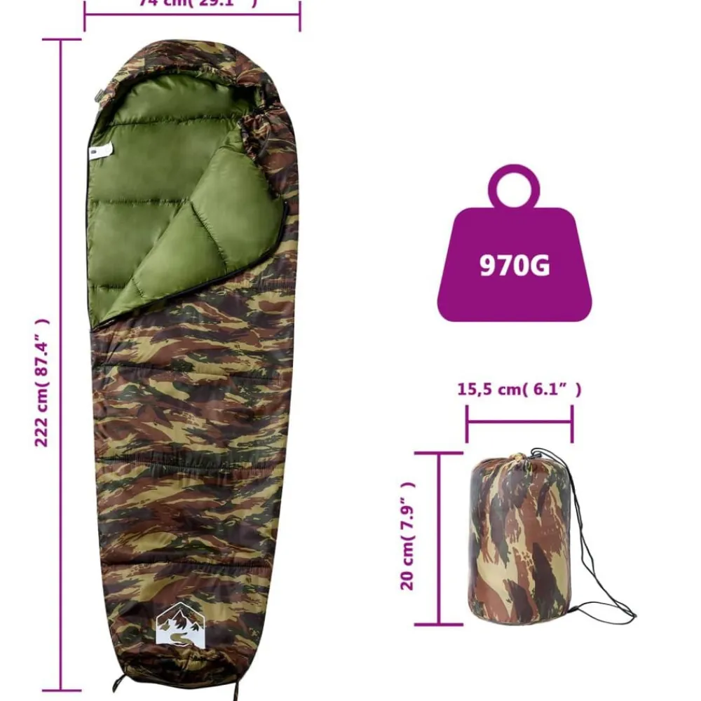vidaXL Saco de dormir tipo momia de camping para adultos 3 estaciones Camuflaje Clearance