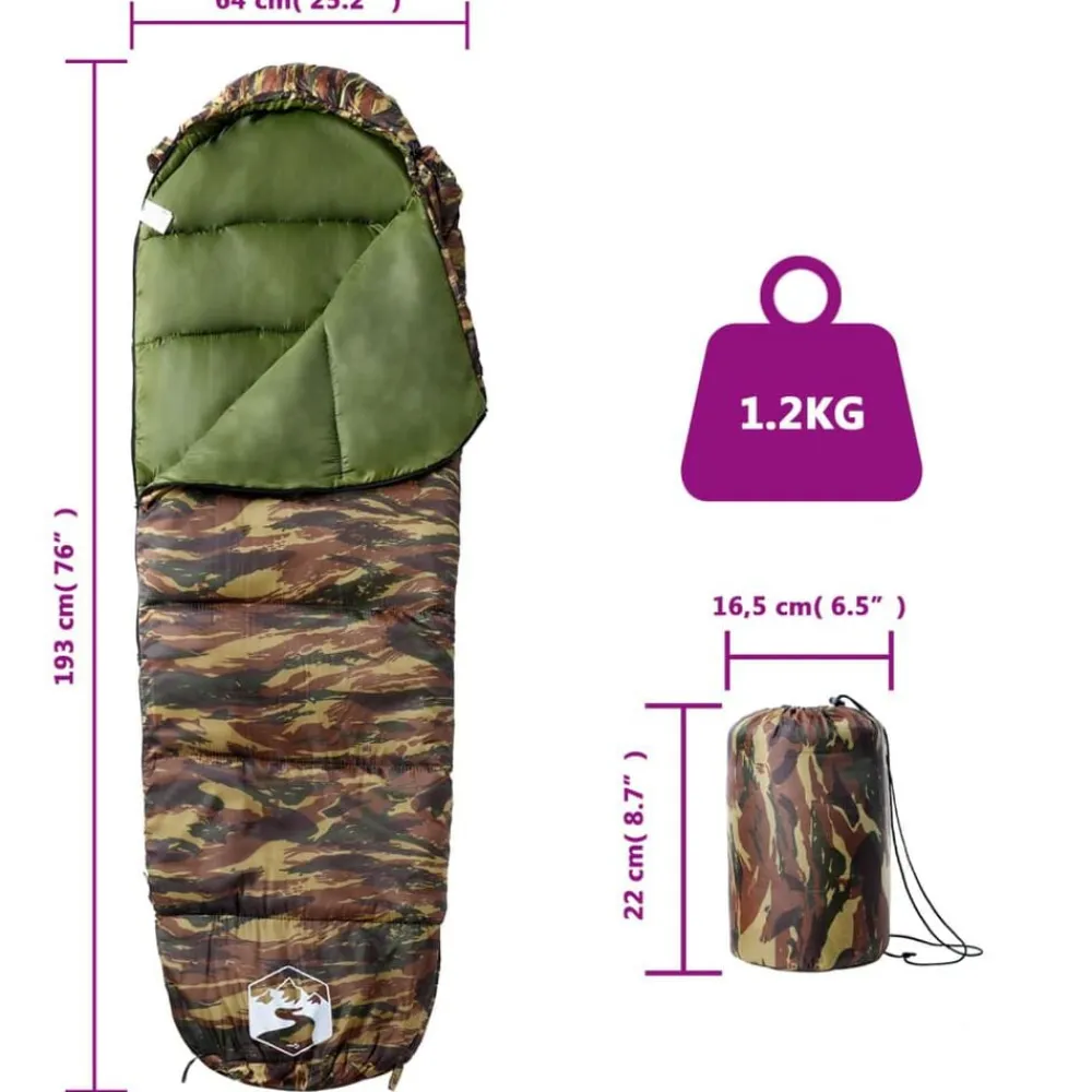 vidaXL Saco de dormir tipo momia de camping para adultos 3 estaciones Camuflaje Best