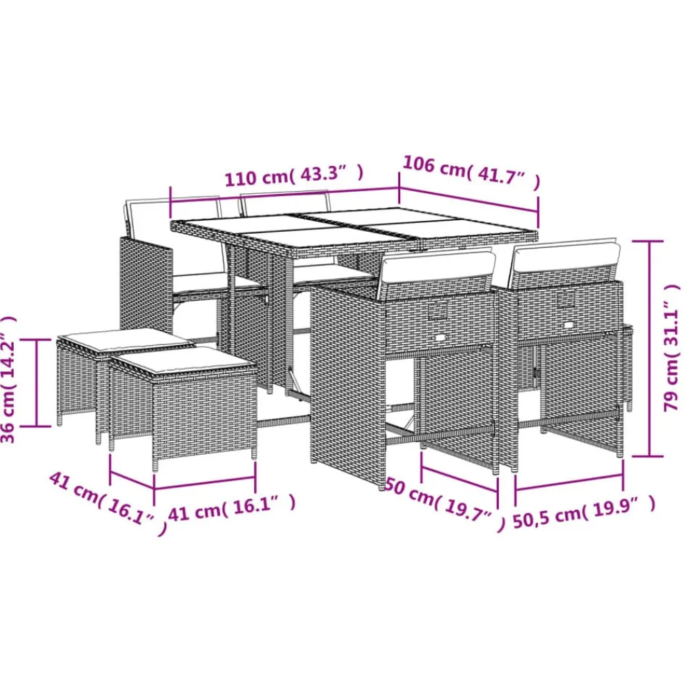 vidaXL Muebles De Jardín-Set comedor de jardín 9 pzas con cojines ratán sintético