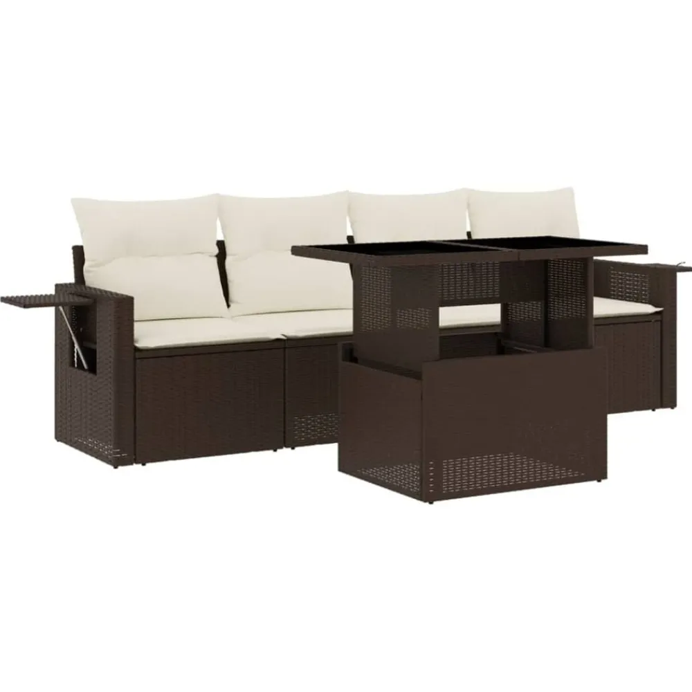 vidaXL Set comedor de jardín 5 piezas y cojines ratán sintético marrón Marrón y crema Clearance