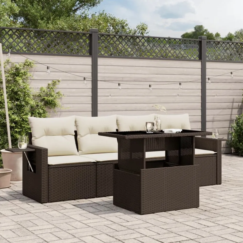 vidaXL Set comedor de jardín 5 piezas y cojines ratán sintético marrón Marrón y crema Clearance