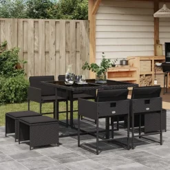 vidaXL Set de comedor de jardín 9 pzas y cojines ratán sintético Negro Best