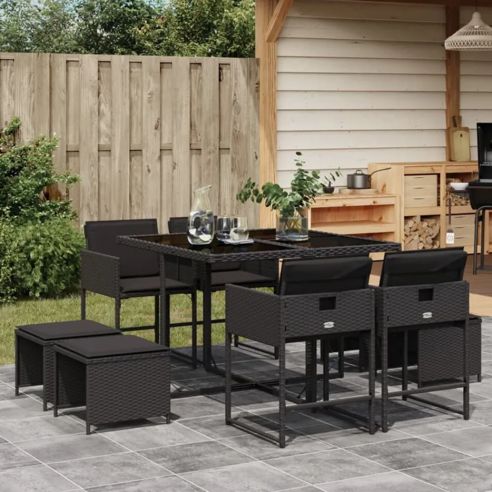vidaXL Set de comedor de jardín 9 pzas y cojines ratán sintético Negro Best