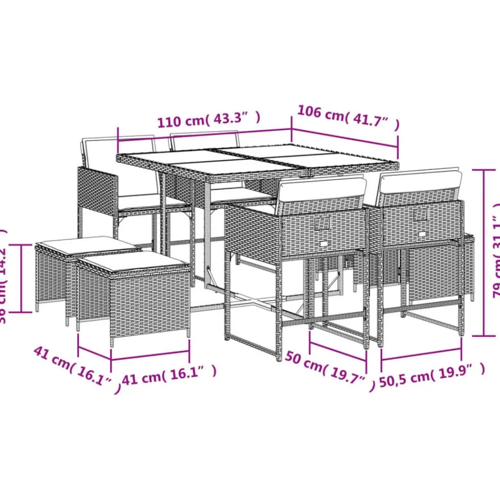 vidaXL Set de comedor de jardín 9 pzas y cojines ratán sintético Negro Best