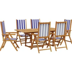 vidaXL Muebles De Jardín-Set de comedor de jardín 7 pzas tela madera maciza azul blanco