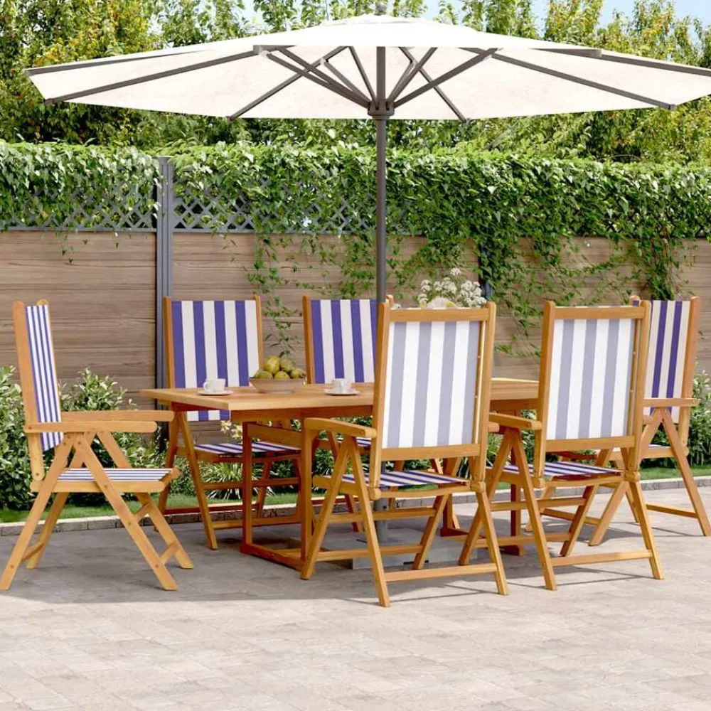 vidaXL Muebles De Jardín-Set de comedor de jardín 7 pzas tela madera maciza azul blanco