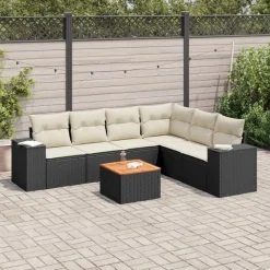 vidaXL Set de comedor de jardín 7 pzas y cojines ratán sintético negro Negro y crema Sale
