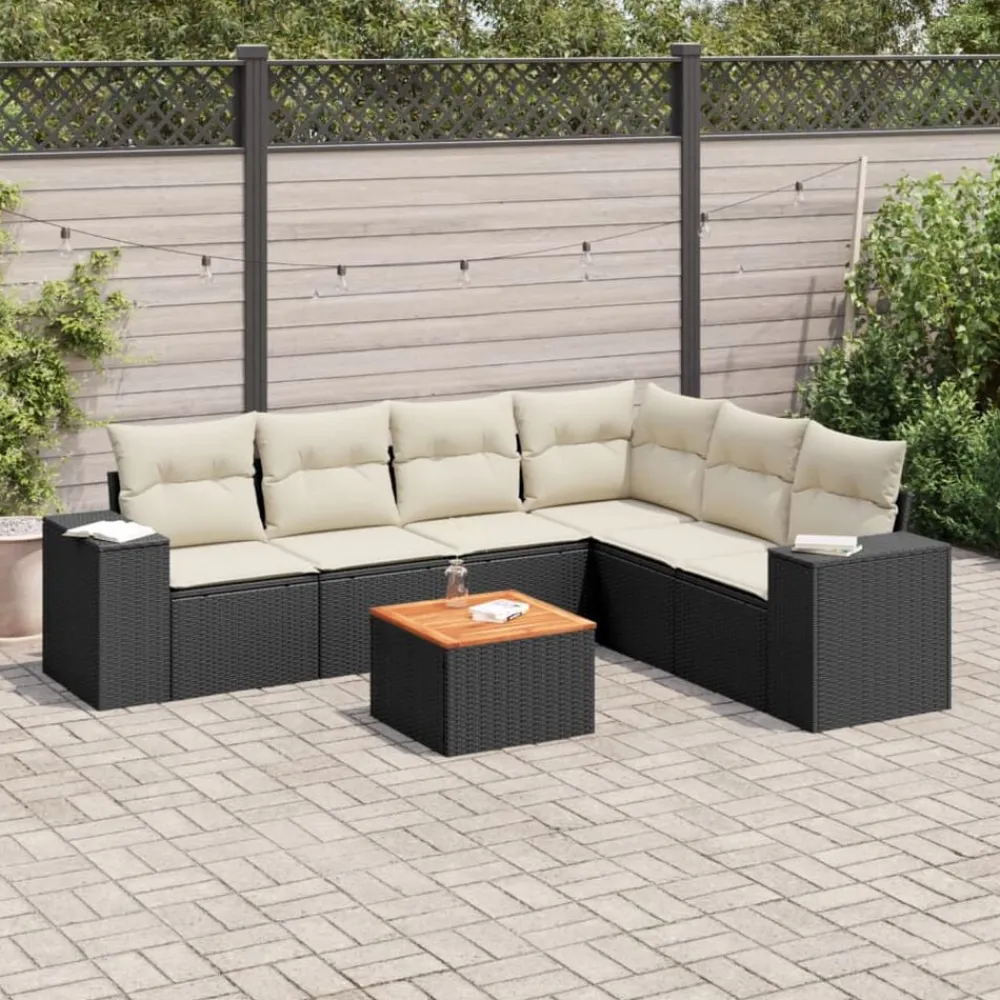 vidaXL Set de comedor de jardín 7 pzas y cojines ratán sintético negro Negro y crema Sale