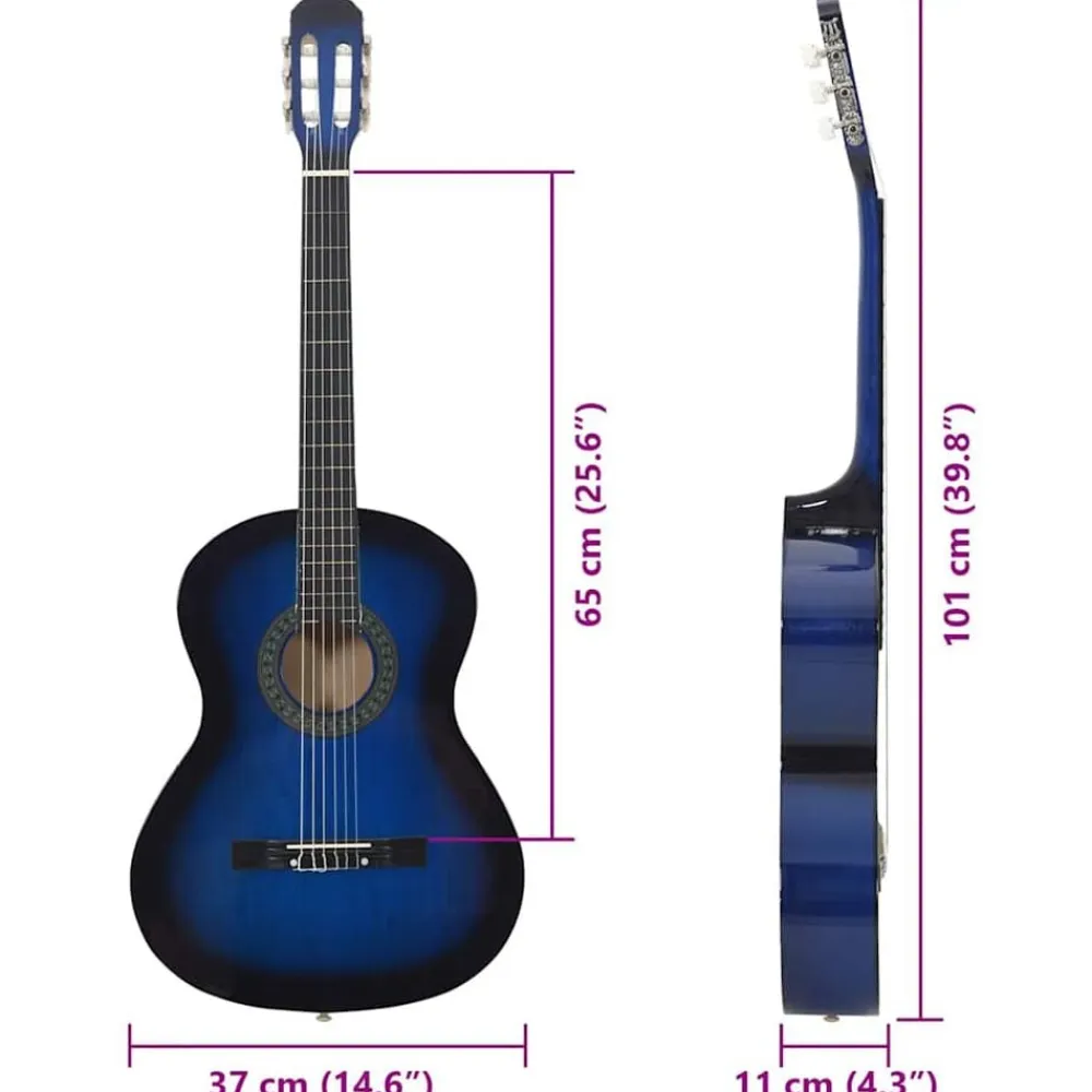 vidaXL Set de guitarra clásica para principiante 12 pzas 4/4 39" Azul Hot