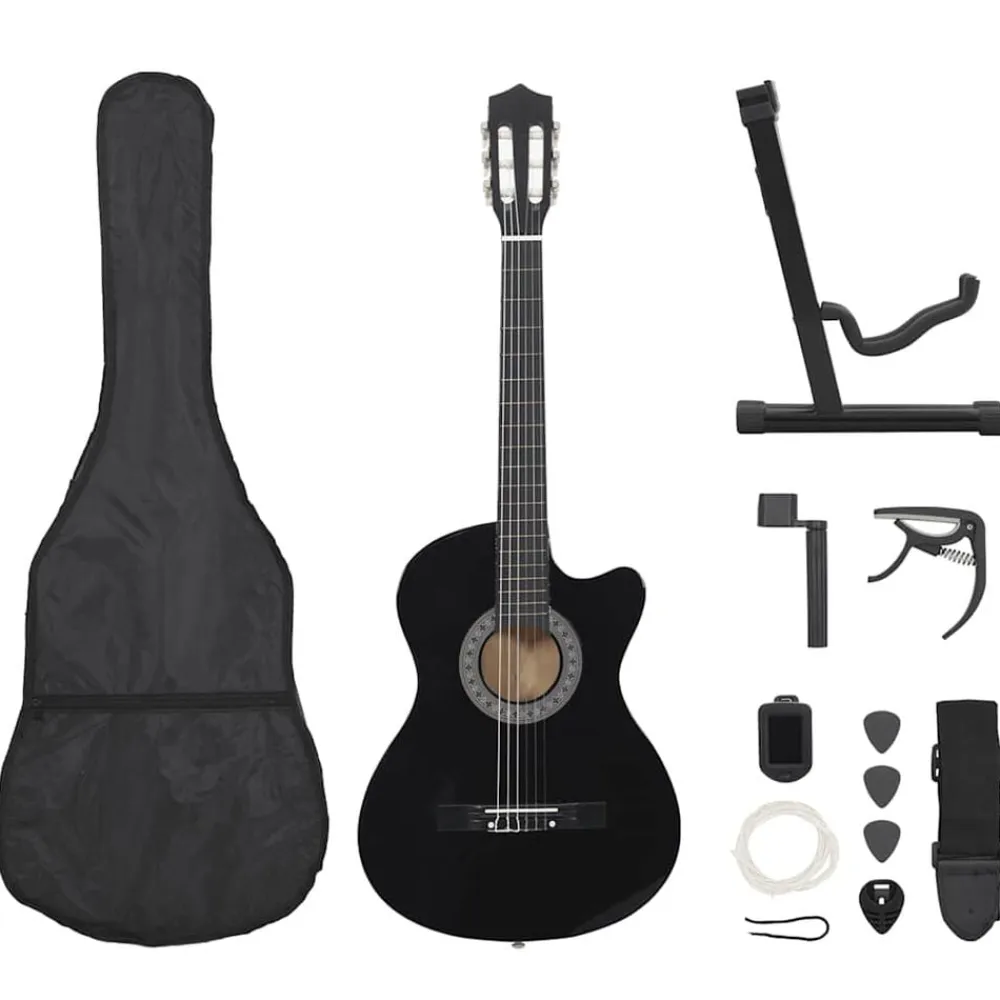 vidaXL Set de guitarra clásica occidental 12 pzas 6 cuerdas negra 38" Negro Discount