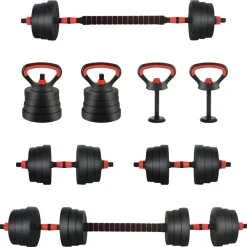 vidaXL Set de Mancuernas, Barra y Kettlebell 4 en 1 20kg 20kg Negro y rojo Clearance