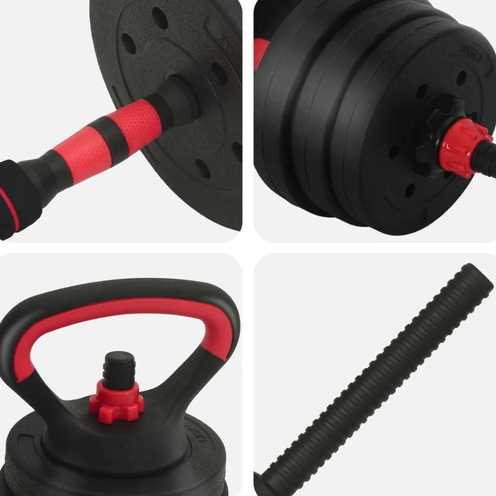 vidaXL Set de Mancuernas, Barra y Kettlebell 4 en 1 20kg 20kg Negro y rojo Clearance