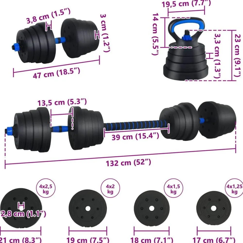 vidaXL Fitness Y Musculación-Set de Mancuernas, Barra y Kettlebell 4 en 1 30kg 30kg