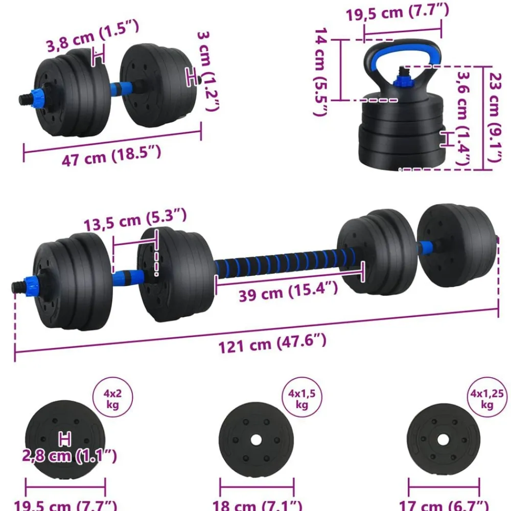 vidaXL Set de Mancuernas, Barra y Kettlebell 4 en 1 20kg 20kg Negro y azul Sale
