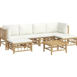 vidaXL Set de muebles de jardín 7 piezas bambú y cojines blanco crema Clearance