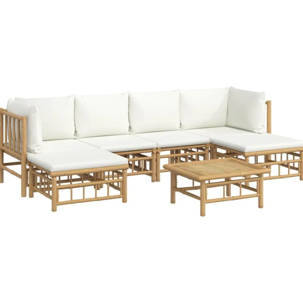 vidaXL Set de muebles de jardín 7 piezas bambú y cojines blanco crema Clearance