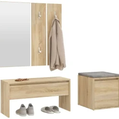 vidaXL Bancos-Set de muebles de recibidor madera contrachapada color roble