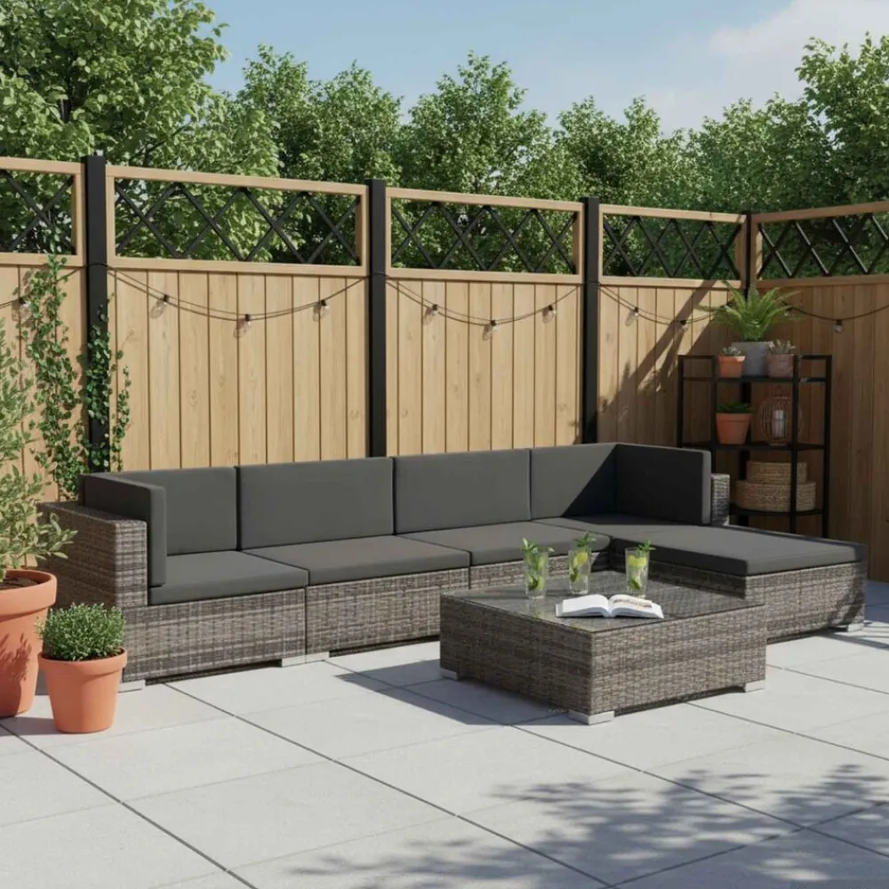 vidaXL Set de muebles de jardín 6 pzas y cojines ratán sintético Gris Outlet