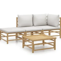 vidaXL Set de muebles de jardín 4 piezas bambú y cojines gris claro Outlet