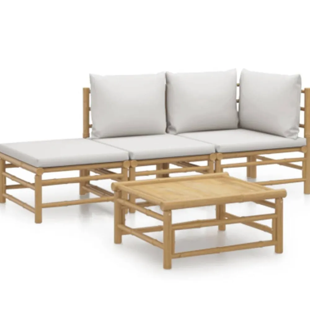 vidaXL Set de muebles de jardín 4 piezas bambú y cojines gris claro Outlet