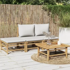 vidaXL Set de muebles de jardín 4 piezas bambú y cojines gris claro Discount