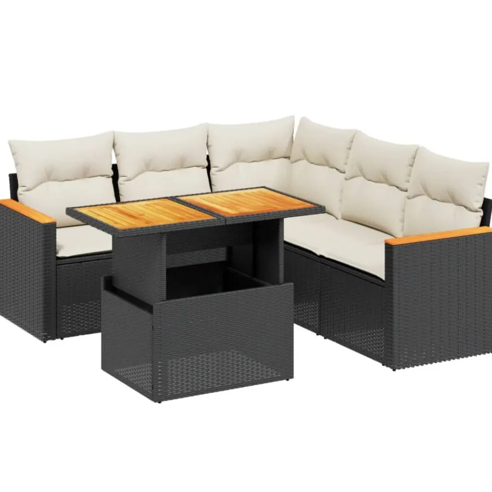 vidaXL Set de sofás de jardín 6 piezas y cojines ratán sintético negro Negro y crema Clearance