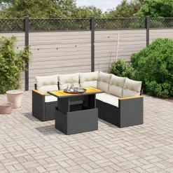 vidaXL Set de sofás de jardín 6 piezas y cojines ratán sintético negro Negro y crema Clearance