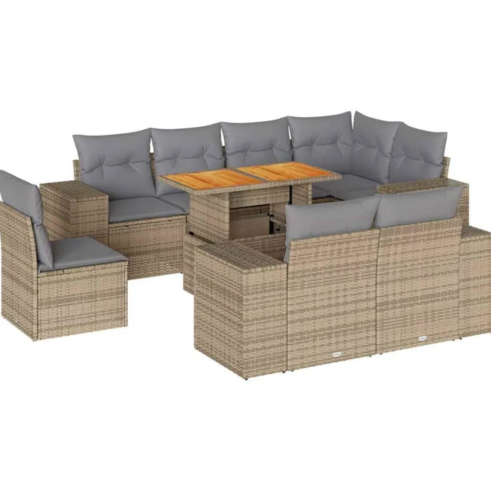 vidaXL Set de sofás de jardín con cojines 9 pzas ratán sintético beige beige y gris claro Outlet