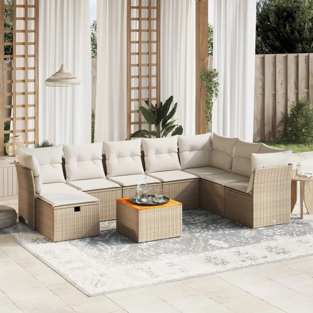 vidaXL Set de sofás de jardín 9 pzas con cojines ratán sintético beige beige y crema Sale