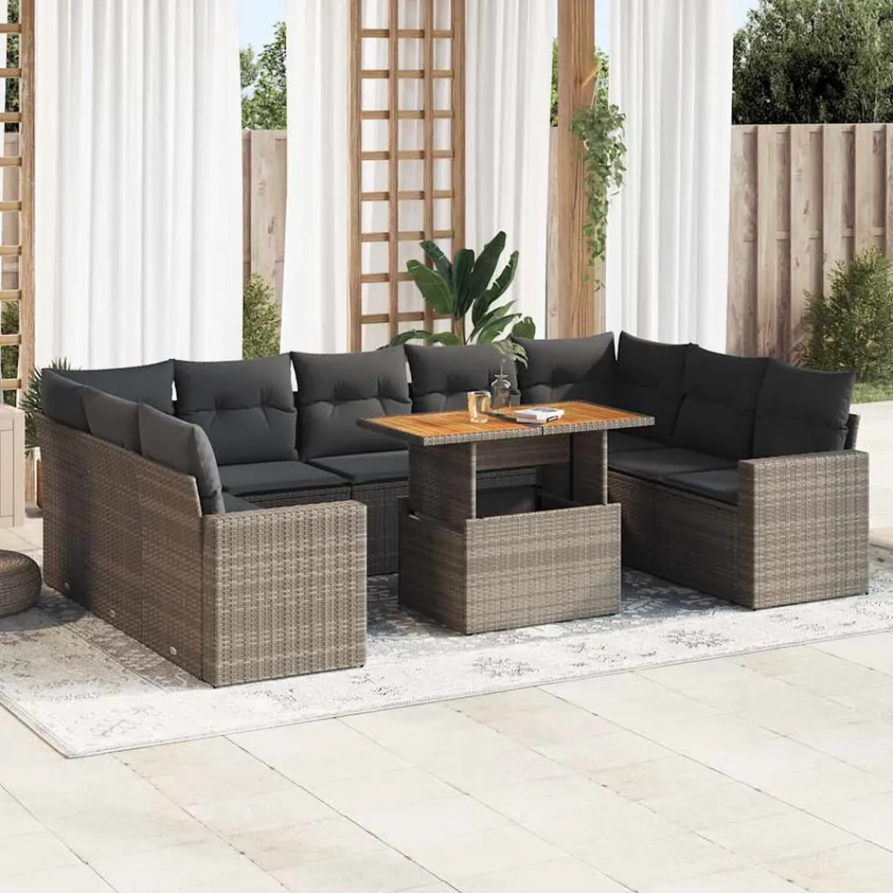 vidaXL Muebles De Jardín-Set de sofás de jardín y cojines 10 pzas ratán sintético gris