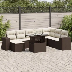 vidaXL Set de sofás de jardín 9 pzas y cojines ratán sintético marrón Marr&oacute;n y crema Sale