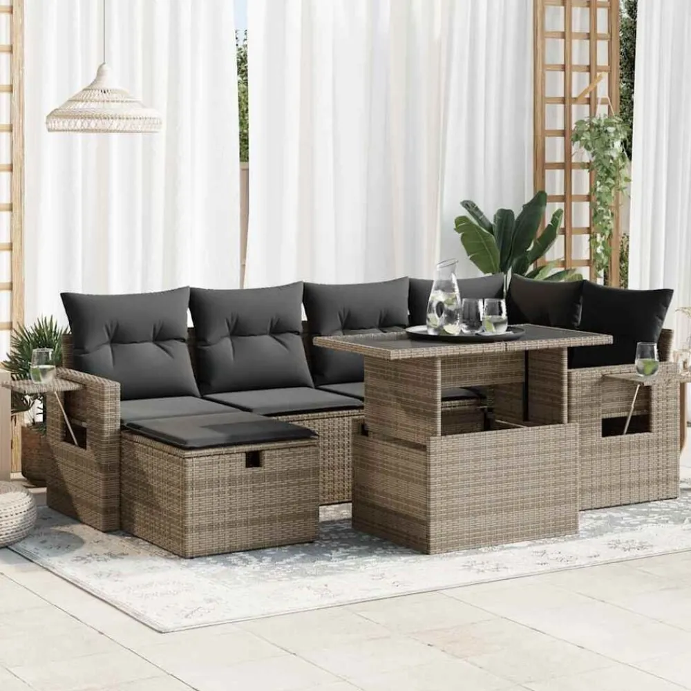 vidaXL Set de sofás de jardín 7 pzas con cojines ratán sintético Gris Sale