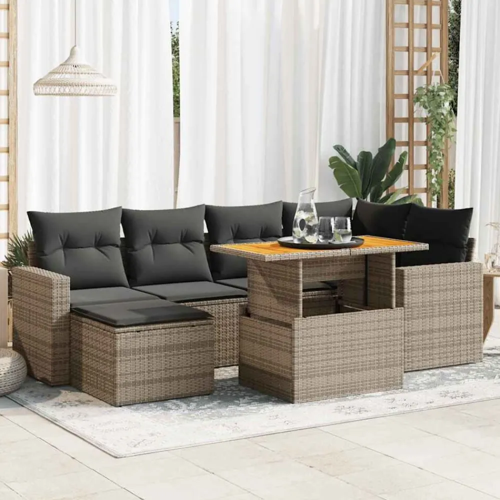 vidaXL Set de sofás de jardín 7 pzas con cojines ratán sintético Gris Discount
