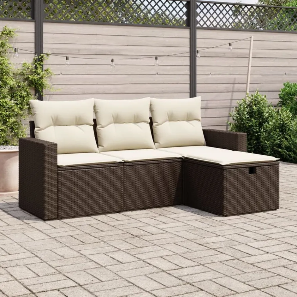 vidaXL Set de sofás de jardín 4 pzas y cojines ratán sintético marrón Marrón y crema Outlet