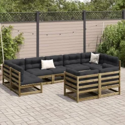 vidaXL Set de sofás jardín 9 pzas con cojines madera pino impregnada Impregnado natural Sale