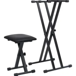vidaXL Set de soporte para teclado con doble refuerzo y taburete negro Discount