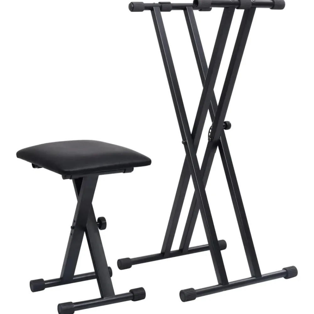 vidaXL Set de soporte para teclado con doble refuerzo y taburete negro Discount