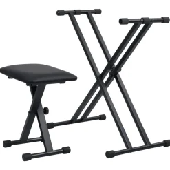 vidaXL Set de soporte para teclado con doble refuerzo y taburete negro Discount