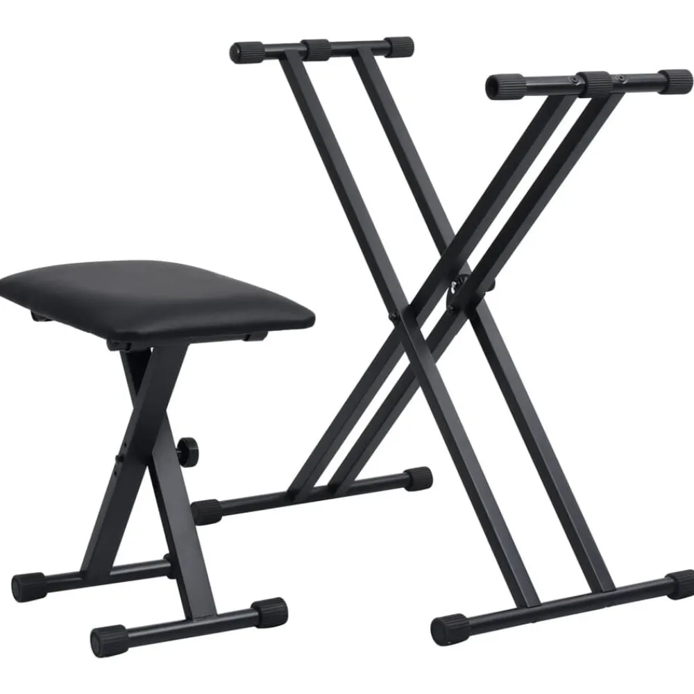 vidaXL Set de soporte para teclado con doble refuerzo y taburete negro Discount