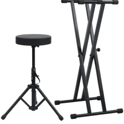 vidaXL Set de soporte para teclado con doble refuerzo y taburete negro Clearance