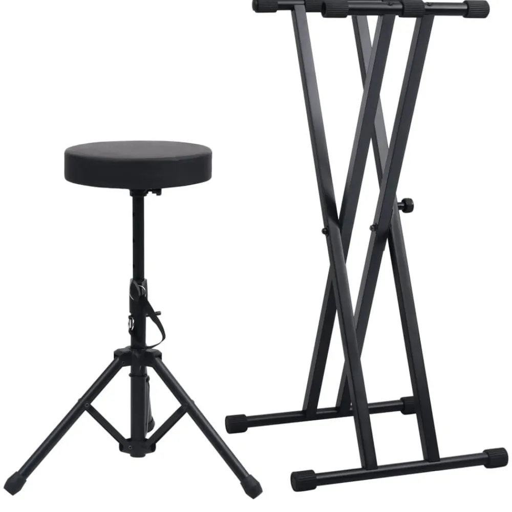 vidaXL Set de soporte para teclado con doble refuerzo y taburete negro Clearance