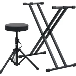 vidaXL Set de soporte para teclado con doble refuerzo y taburete negro Clearance