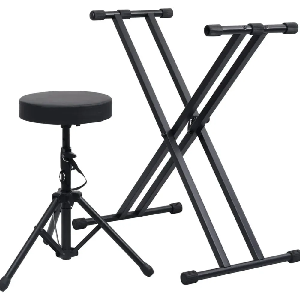 vidaXL Set de soporte para teclado con doble refuerzo y taburete negro Clearance