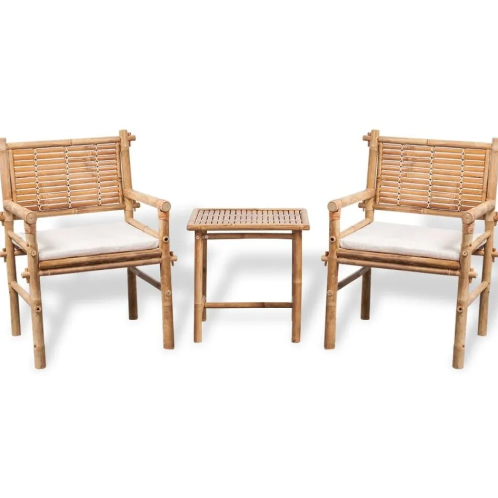 vidaXL Muebles De Jardín-Set mesa y sillas terraza 3 pzas con cojines bambú