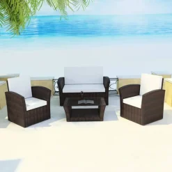 vidaXL Muebles De Jardín-Set muebles de jardín 4 piezas y cojines ratán sintético marrón