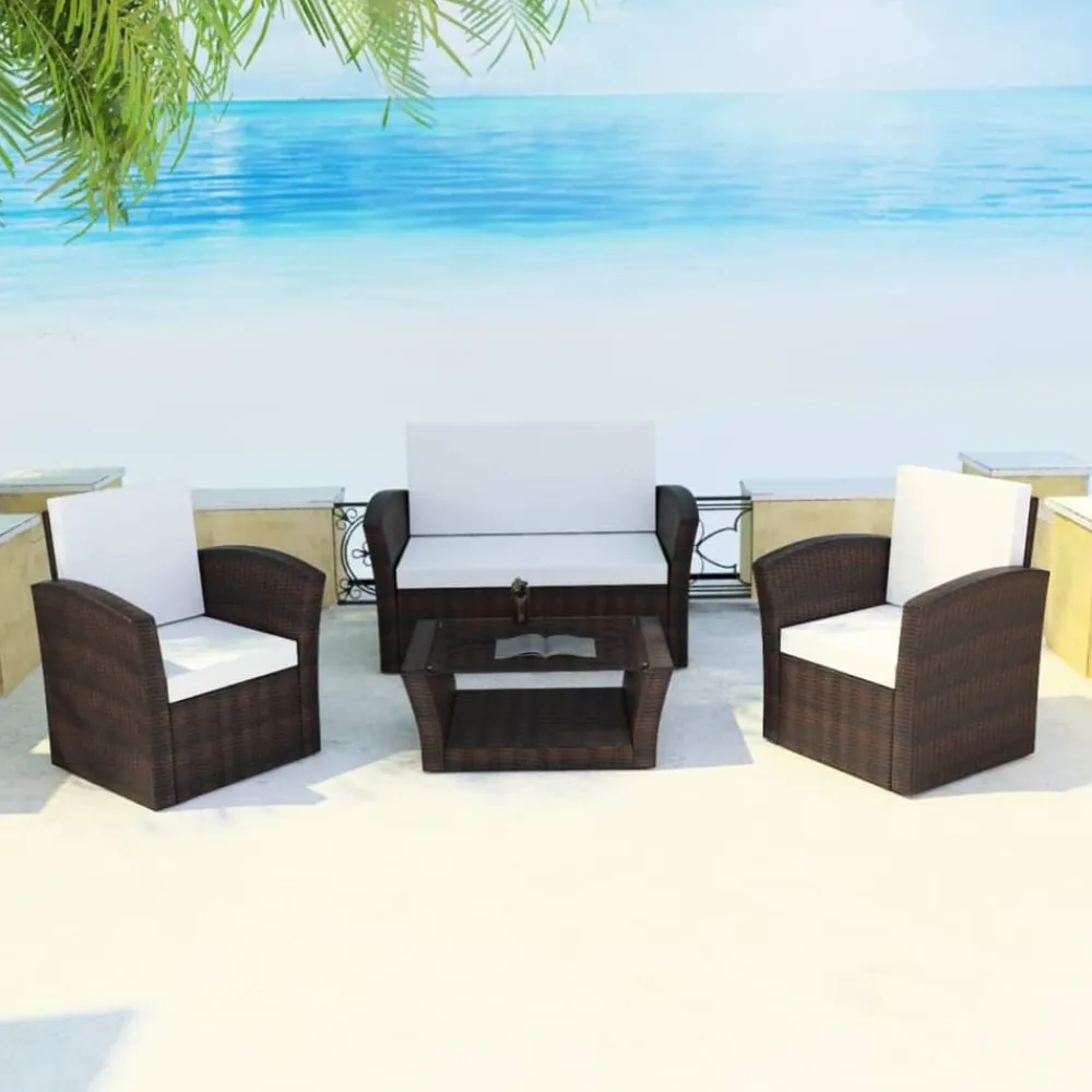 vidaXL Muebles De Jardín-Set muebles de jardín 4 piezas y cojines ratán sintético marrón