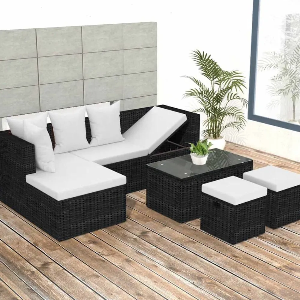 vidaXL Muebles De Jardín-Set muebles de jardín 4 piezas y cojines ratán sintético negro
