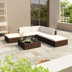 vidaXL Muebles De Jardín-Set muebles de jardín 6 piezas y cojines ratán sintético marrón
