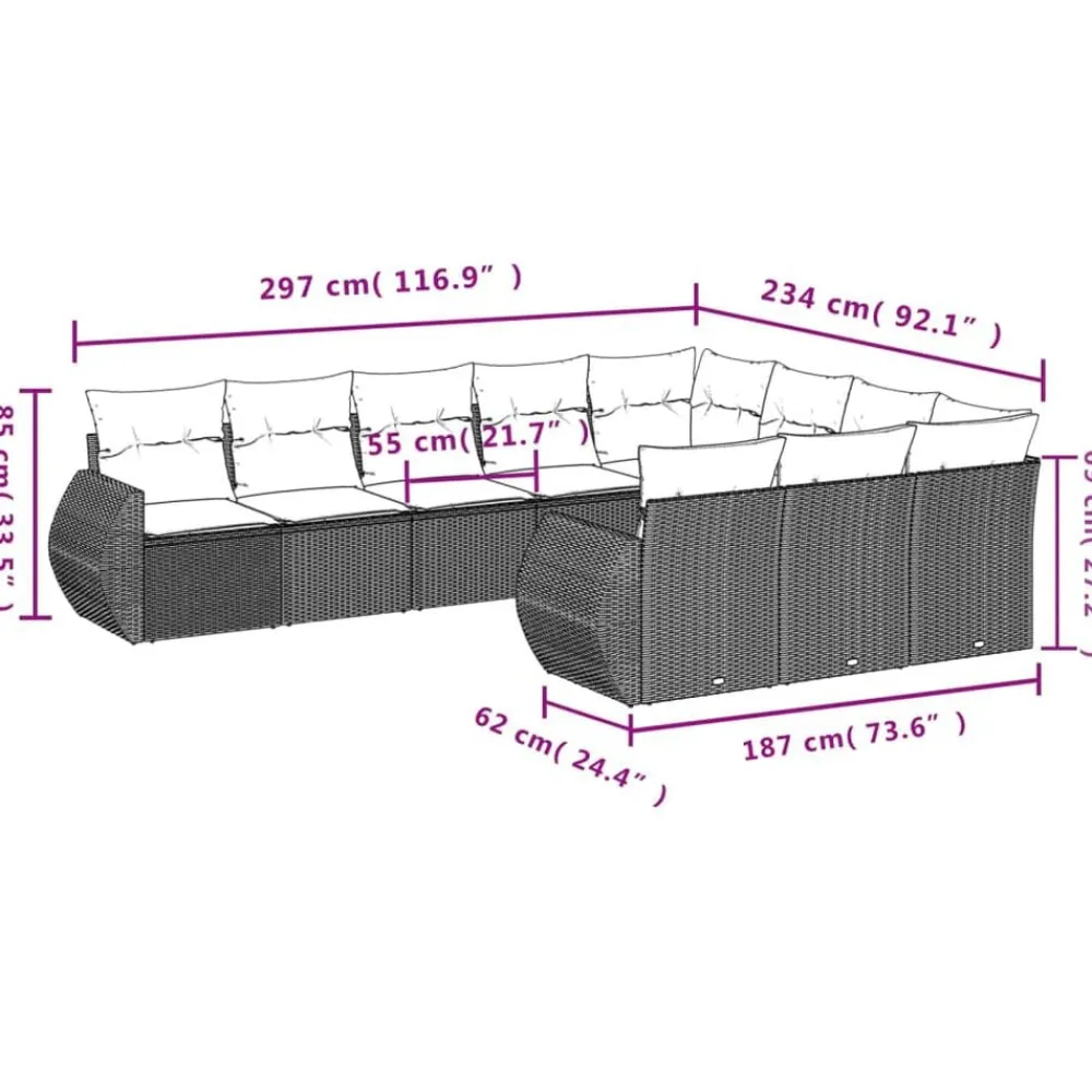 vidaXL Muebles De Jardín-Set sofás jardín 10 pzas con cojines ratán sintético gris claro